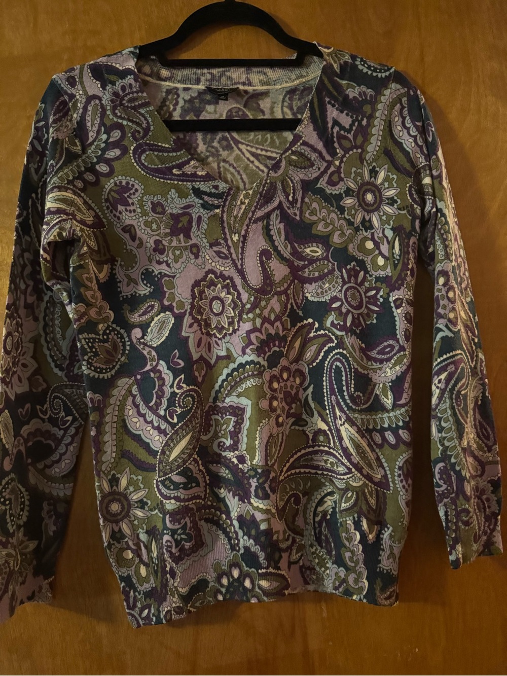 Talbots Paisley V-Neck Long Sleeve Top - Purple & Olive